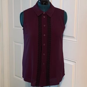 EUC TOMMY HILFIGER Purple Sleeveless Button-down Blouse Black Ribbon Accent